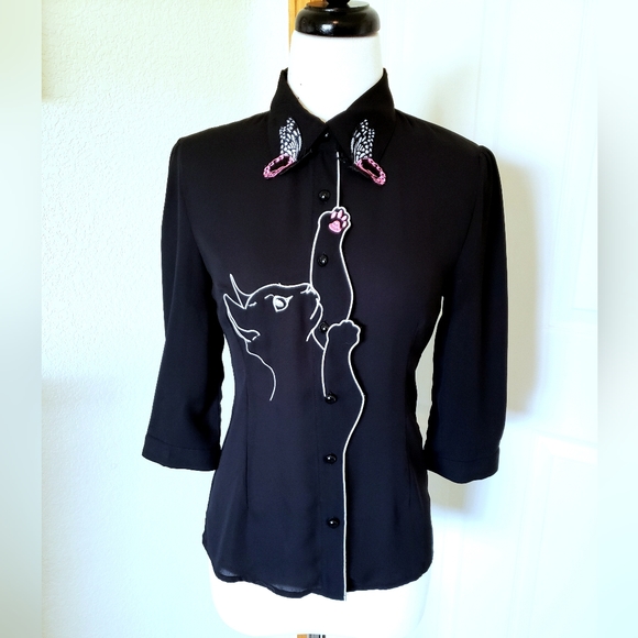 Banned retro cat black button up snowbird blouse - Picture 2 of 6